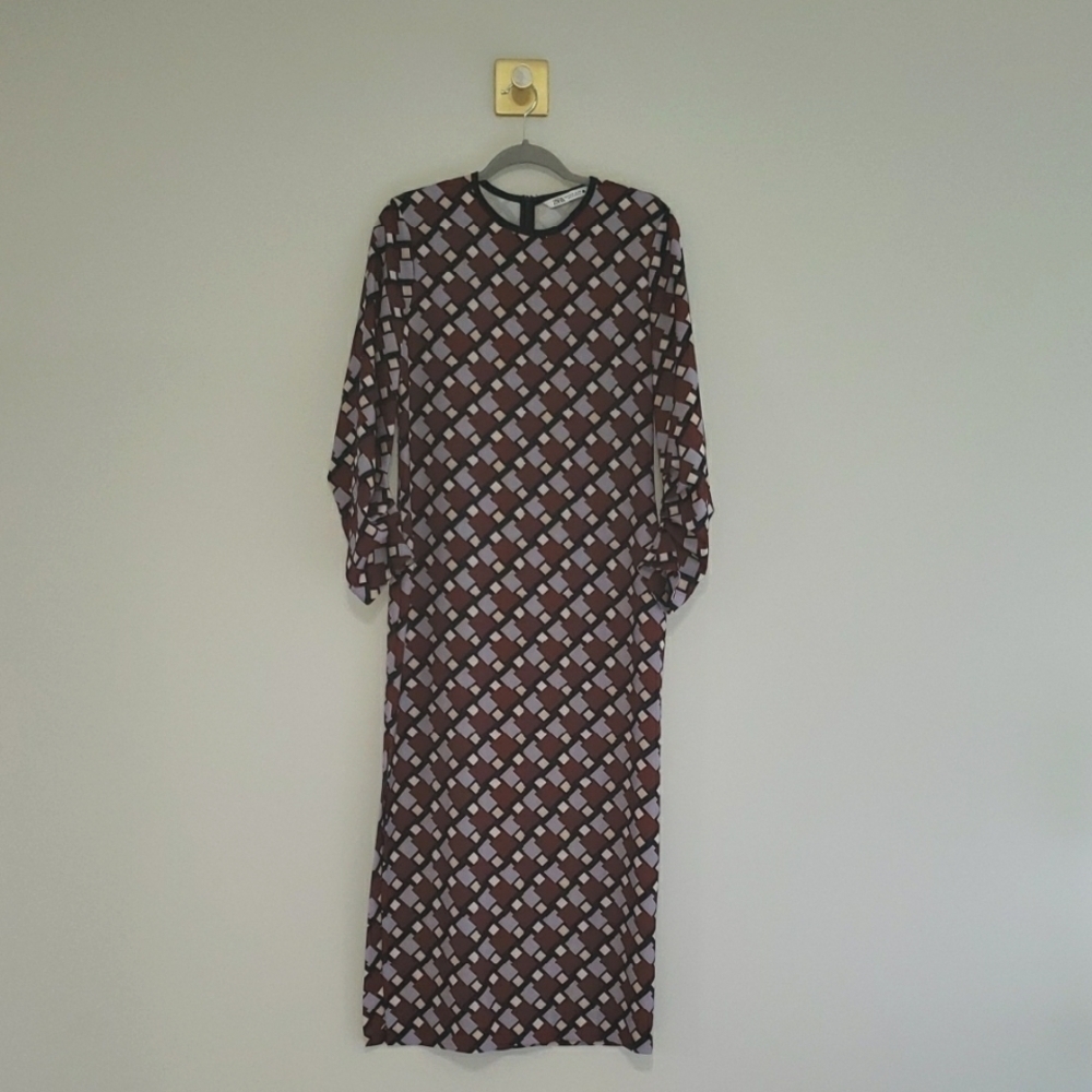 Zara Maxi Sheath Dress Medium Brown Lavender Black Geometric Modern Boho Casual